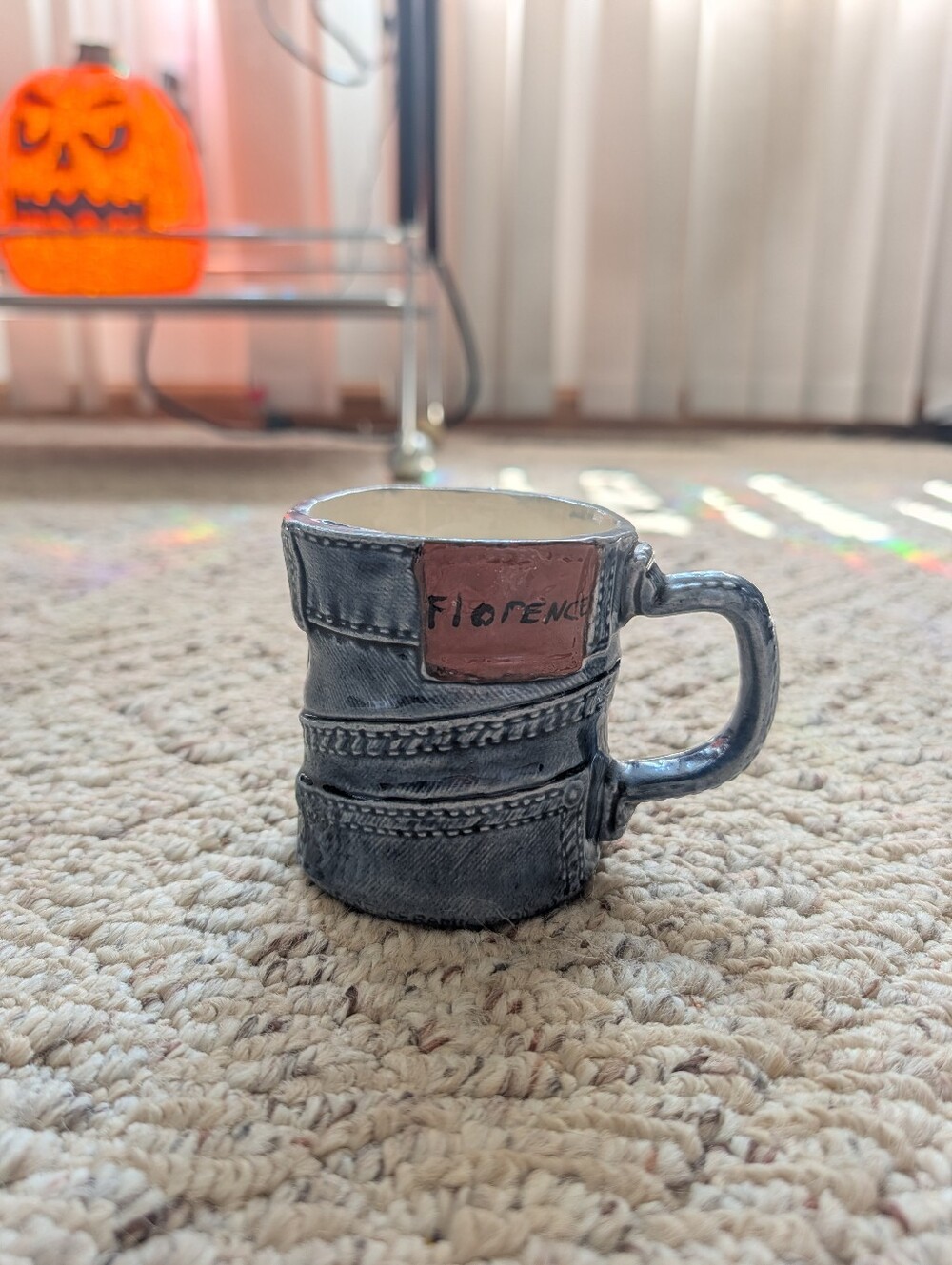 Vintage Handmade Handcrafted Ceramic Denim Jeans Coffee Mug Cup Florence Vtg